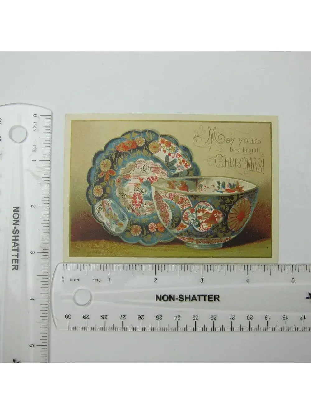 Victorian Christmas Card Dishes Plate & Bowl Blue Red Gold & White Antique
